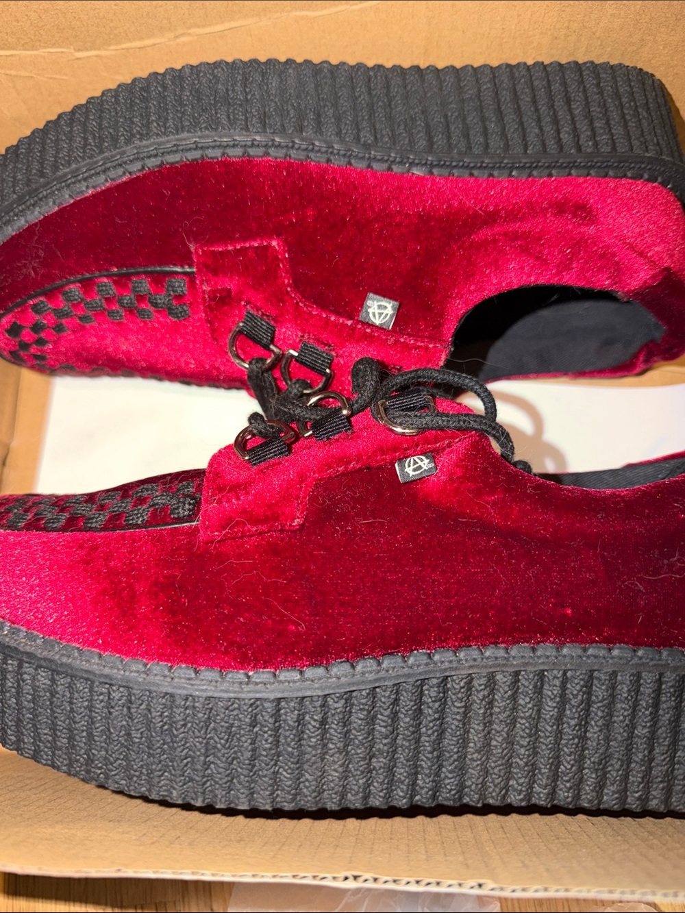 tuk Red Velvet Creeper Shoes with Black Checkered Detail
